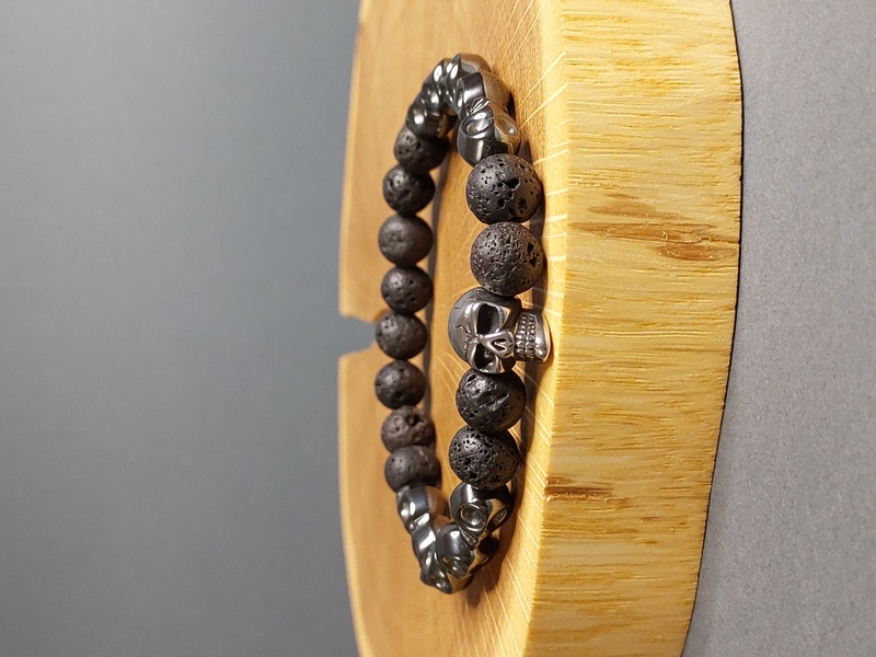 Мужской браслет из гематита череп и лавы, фурнитура Stainless steel 100366 фото