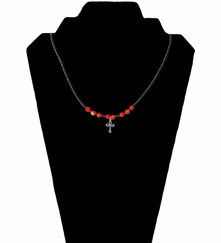 Кольє з чорного гематиту та агату вени дракону з підвіскою серебрений хрестик “Чорний мак”