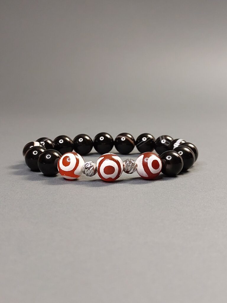 Браслет з агата ДЗІ та чорного смугастого агата, фурнітура MILANO LUX