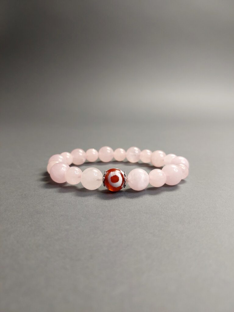 Браслет з рожевого кварца, агата ДЗИ