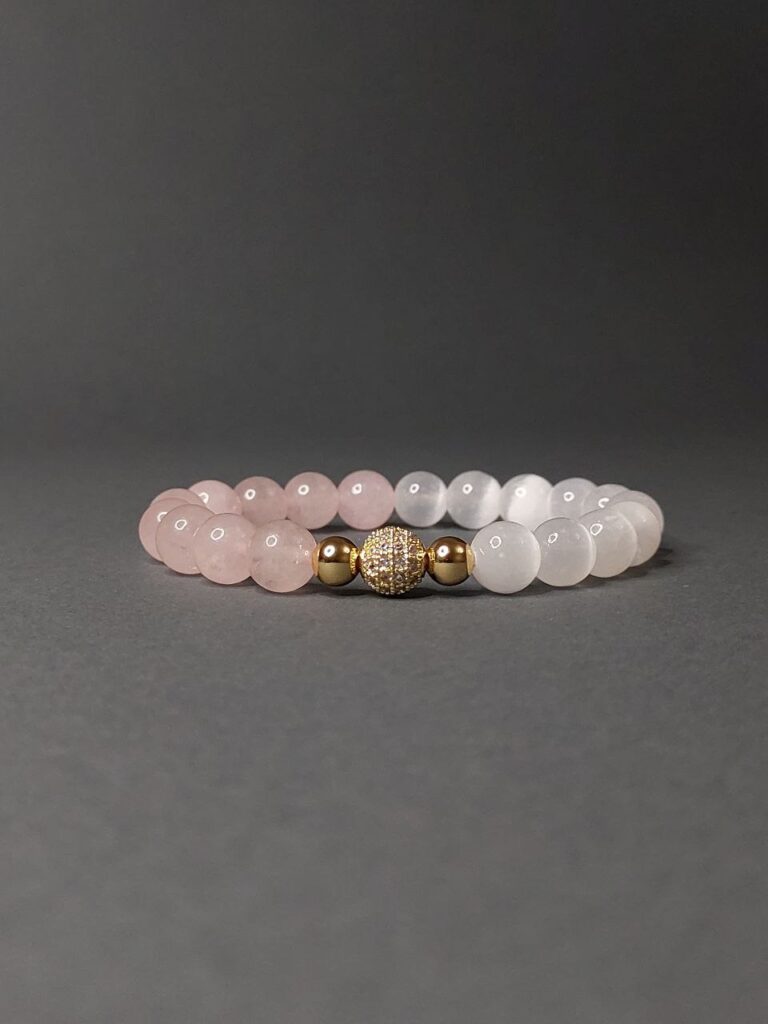 Браслет з рожевого кварца та котячого ока