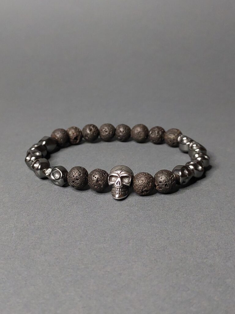 Чоловічий браслет із гематиту череп та лави, фурнітура Stainless steel