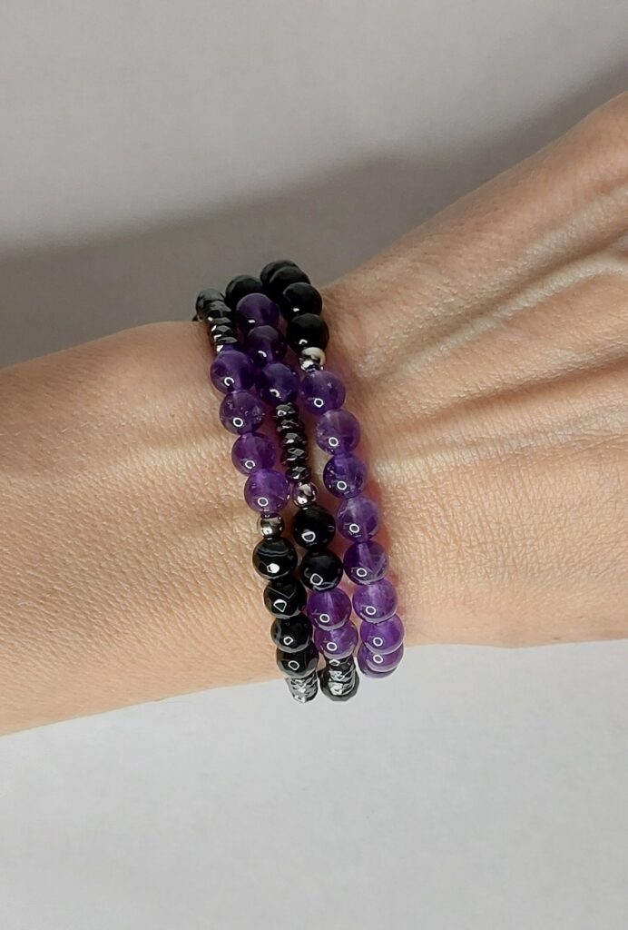 Сет браслетів із чорного агату, аметиста та гематиту