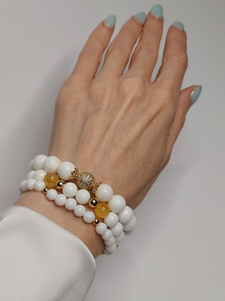 Сет браслетів з білого агату та цитрина, фурнітура MILANO LUX