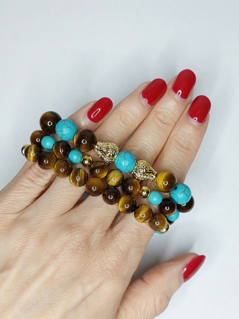 Сет браслетів з тигрового ока та бірюзи